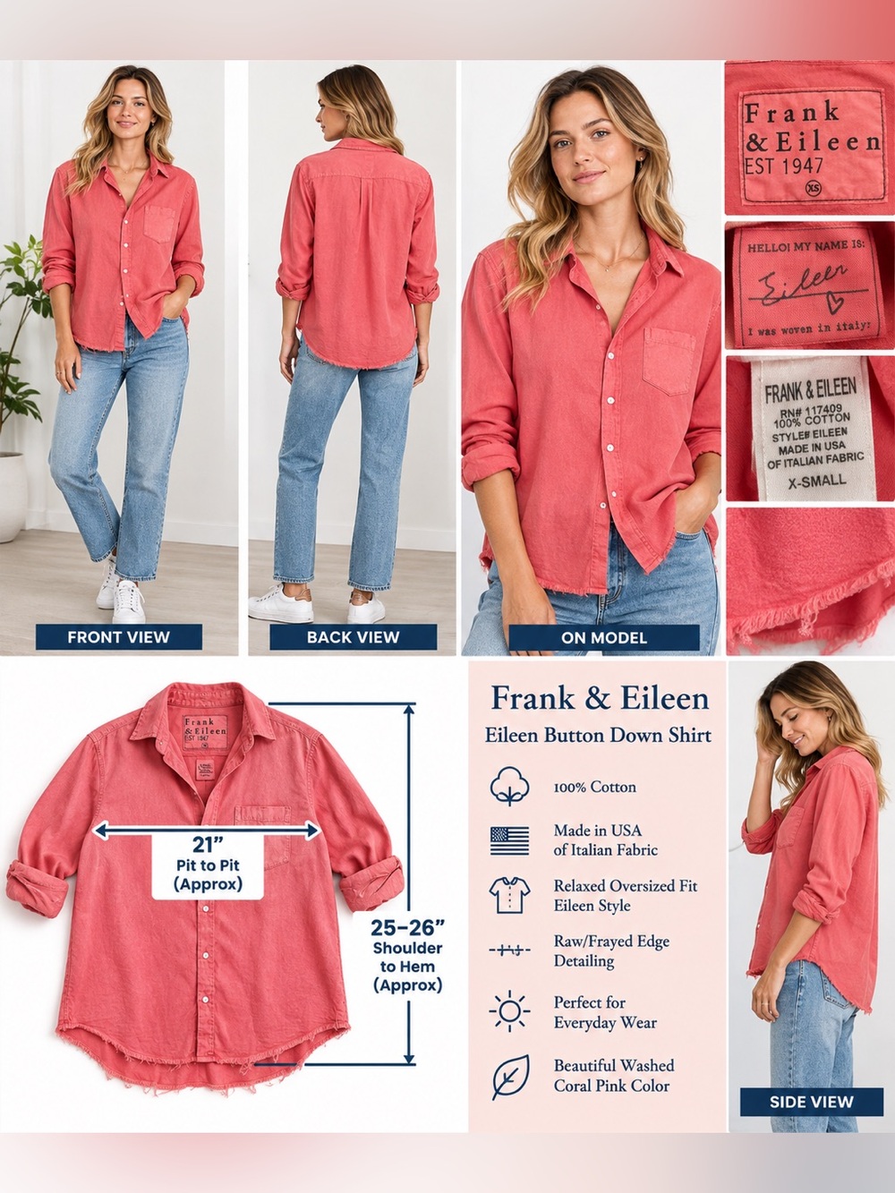 Frank & Eileen Eileen Women’s XS Coral Pink Cotton Button Down Shirt Made USA